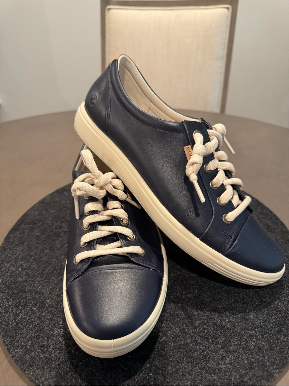 Ladies Ecco Navy Leather Sneakers with Cream Laces